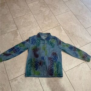 Vintage Chicos Denim jacket with tie dye/painted floral pattern sz 3